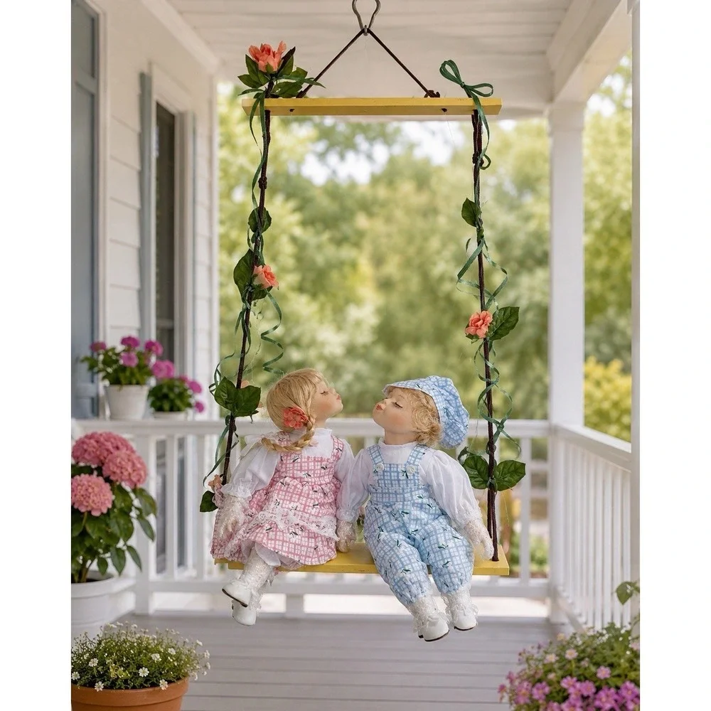 Menie' Porcelain‎ Kissing Couple Dolls on Swing Boy Girl Sweethearts VTG